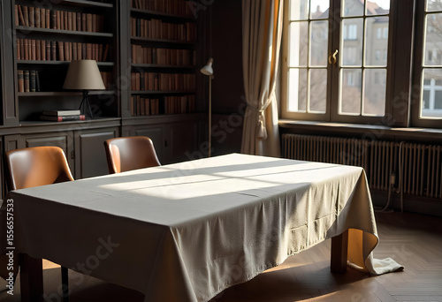 Wallpaper Mural Beige linen tablecloth drapes a wooden table, bathed in soft sunlight. Torontodigital.ca