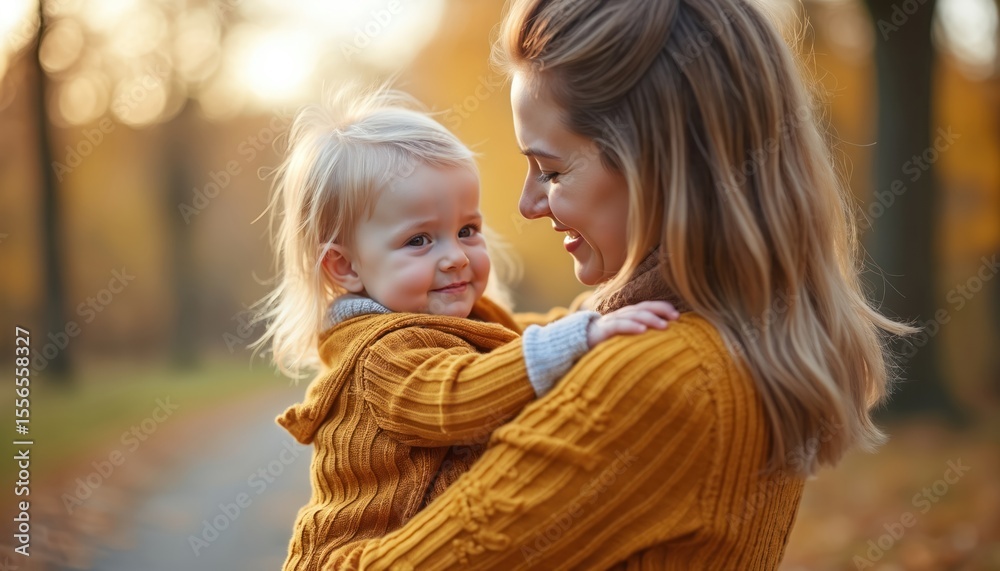 Obraz premium Young mother embraces baby, smiling. Blonde hair, mustard sweater at park. Warm light, fall colors create tranquil atmosphere. Concept of family, maternity, parenting, love, childhood happiness,