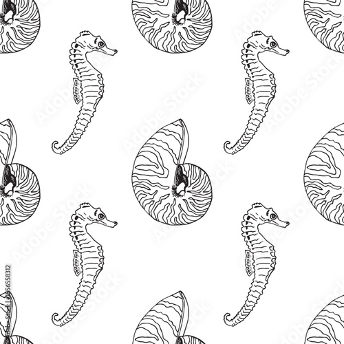 Seamless pattern of a marine, tropical theme. Marine seahorse, nautilus shell. Graphic drawing hand drawn illustration vector. For decoration and design. On background. For fabric, wallpaper, wrapping