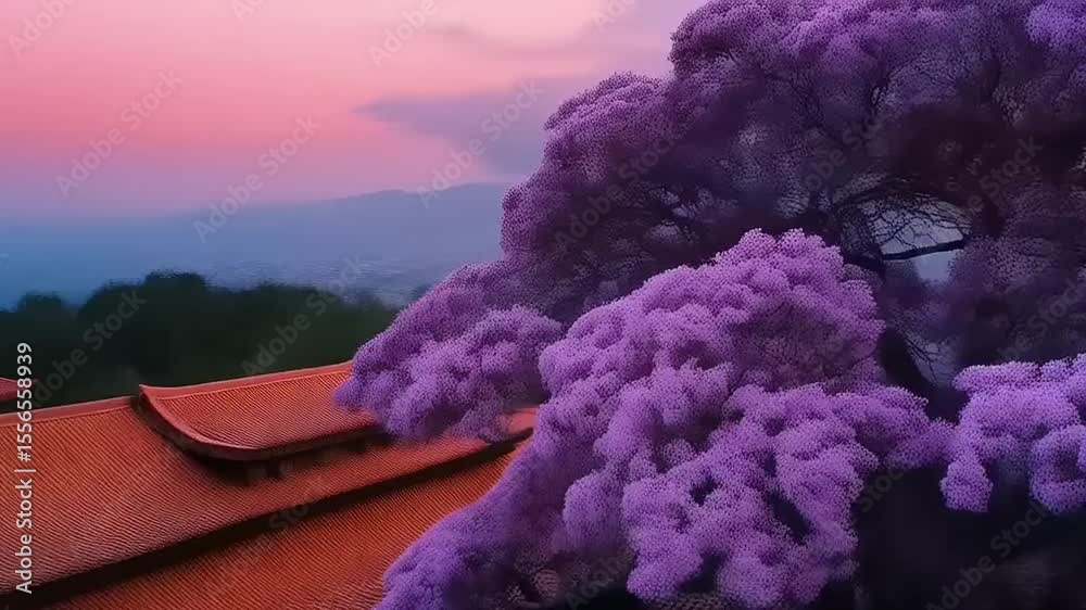 Majestic flowering jacaranda tree embracing rustic building during colorful dusk