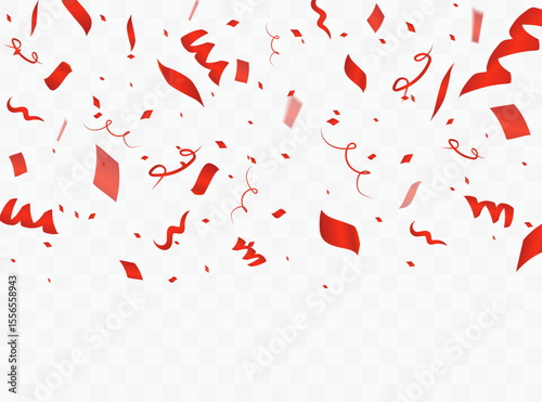 Many falling red confetti. Celebration background. Design template for birthday and party.