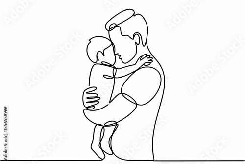 A continuous line drawing beautifully captures the tender embrace between a parent and child, symbolizing connection and love