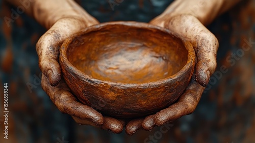 Hands holding brown ceramic bowl with handmade clay mask
