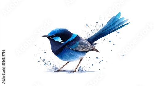 A vibrant blue fairy wren strikes a charming pose with detailed watercolor style on a bright white