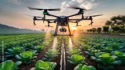 A agricultural drone spraying crops at sunrise smart farming precision agriculture technology modern farm innovation sustainable food production