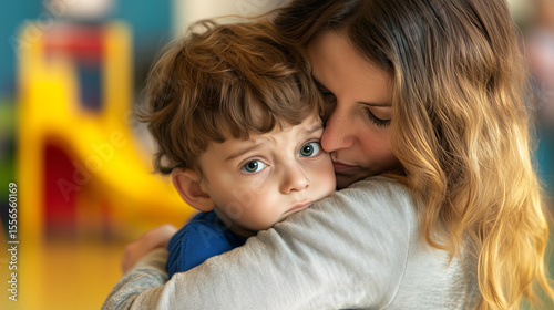 A kind and gentle preschool teacher comforting a sad child, giving a warm hug, emotional and heartwarming scene