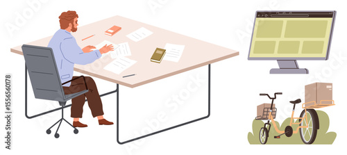 Man studying papers at desk surrounded by books, computer displaying website layout, cargo tricycle with packages in greenery. Ideal for business, e-commerce, logistics, planning, mobility