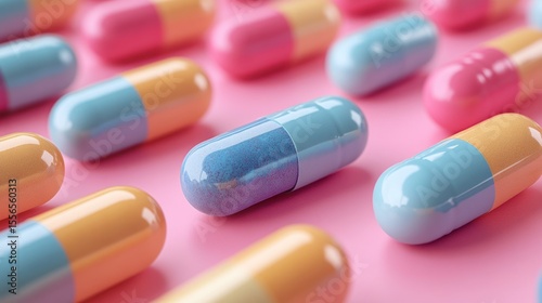 Assortment of pastel pills and capsules on pink background