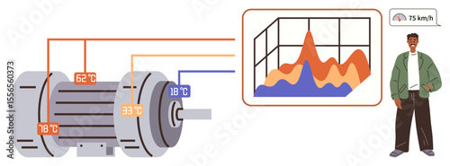 Electric motor with temperature readings, data chart showing performance analysis, person observing. Ideal for technology, engineering, data analysis, IoT, automation monitoring innovation. Simple