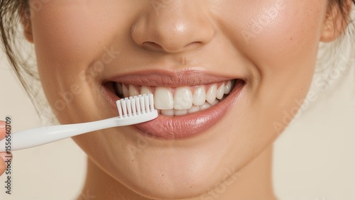 Toothbrush and woman mouth close view background, woman is cleaning teeth with a toothbrush, dental hygiene concept