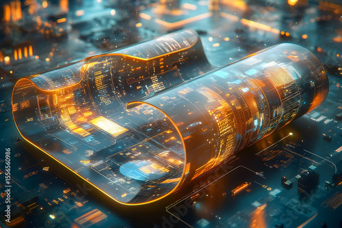 Futuristic Flexible Display Reflecting a Glowing Cityscape on a