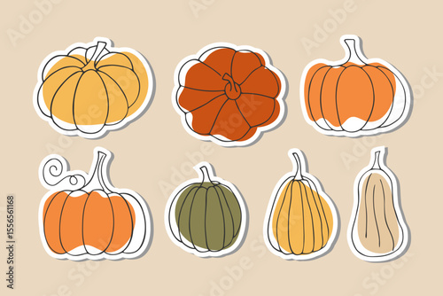 Set of hand Drawn pumpkin stickers in Doodle style. Autumn harvest vegetables. Perfect for seasonal prints, cards, packaging, fall decor, Thanksgiving Design, planner, kids craft, scrapbooking