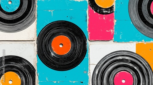 Colorful Abstract Vinyl Record Collage on Grunge Texture Background Records photo
