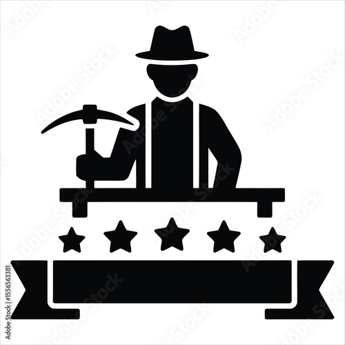 Miner with pickaxe and stars on banner icon