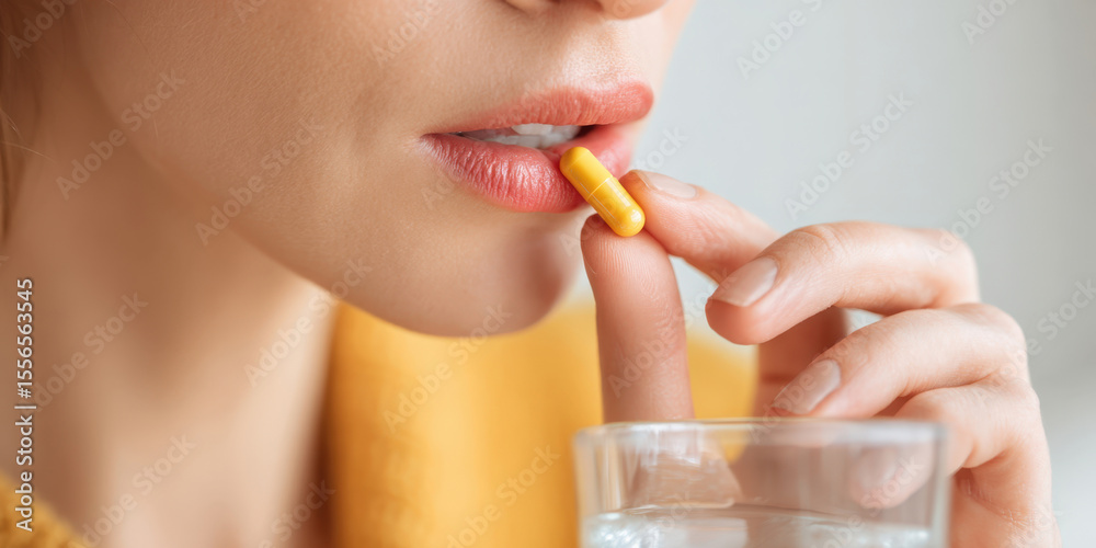 Wellness Medication Management: Close-up of a Woman Taking a Pill with Water, Highlighting Personal Health and Daily Wellness Routines. Wellness Medication Management: Close-up of a Woman Taking a Pill with Water, Highlighting Personal Health and Daily Wellness Routines.