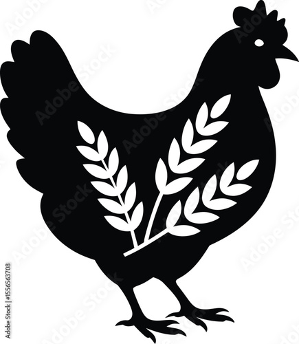Black chicken silhouette illustration with wheat graphic for farm and agriculture design use