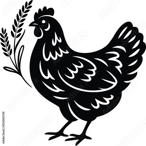 Black chicken illustration with wheat stalk vector graphic farm animal poultry design element
