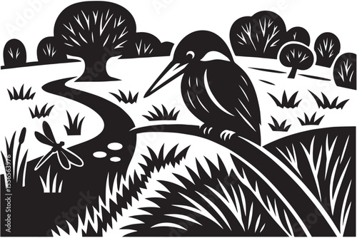 Nature Scene Silhouette – Kingfisher by Riverbank with Dragonfly and Trees in Black and White, Black and White Wildlife Landscape – Kingfisher, Stream, and Insects in Natural Habitat Vector