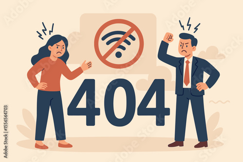 Error 404 page not found concept. Angry man and woman frustrated by internet disconnection. No wifi signal, connection lost or unavailable website. Business people offline. Flat vector illustration.