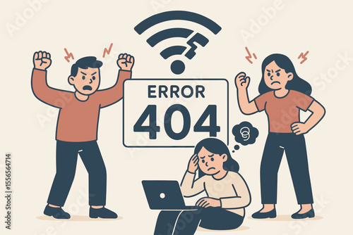 Angry people frustrated by 404 error and internet connection problem. Disconnected Wi-Fi signal concept. Sad user with laptop on page not found. Vector cartoon illustration.