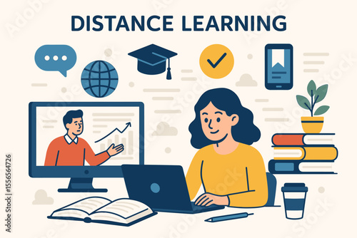 Distance learning concept. Online education and e-learning. Woman student at home with laptop for webinar or online course. Teacher on screen. Homeschooling and business tutorial.