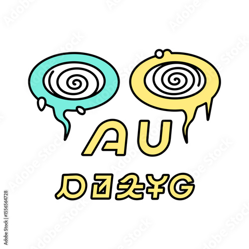 Graphic design of swirling patterns in blue and yellow with AU labels related to Comic con - Fandom Languages & Memes  