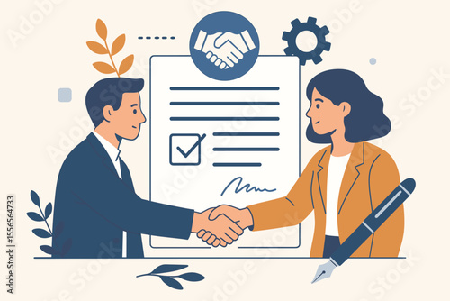 Business partnership concept with man and woman shaking hands. Successful deal and agreement of parties. Signing documents for collaboration and cooperation. Flat vector illustration.