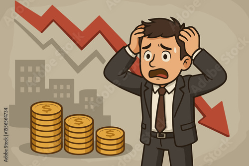 Financial crisis. Stressed businessman facing economic downturn, recession. Stock market crash. Investment failure concept. Bankruptcy. Red arrow graph down. Money loss cartoon vector.