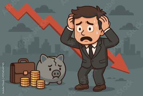 Stressed businessman in despair over financial crisis. Concept of economic downturn, recession, investment failure. Cartoon character with broken piggy bank and falling arrow.