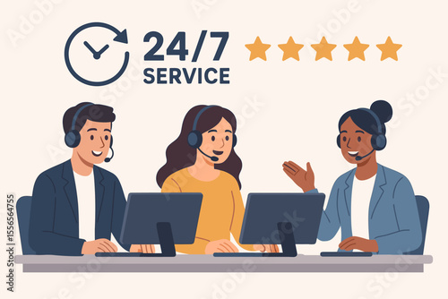 Call center customer service team with diverse operators. Agents with headsets working on computers providing 24/7 hotline support. Five star rating for client satisfaction and experience.