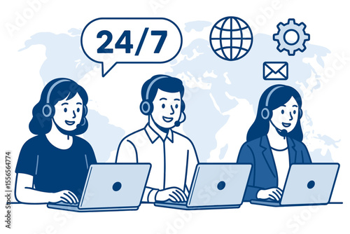 Call center customer service concept with support team. Hotline operators with headsets working on laptops. 24/7 global online technical assistance for clients. Vector illustration.