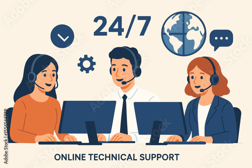 Online technical support vector illustration. Customer service team with headsets working 24/7 in a call center. Hotline operators providing global assistance and consultation.