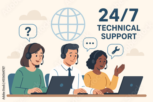 Call center for customer service and 24/7 technical support. Hotline operators with headsets consult clients online. Global helpdesk team working on laptops. Vector illustration.