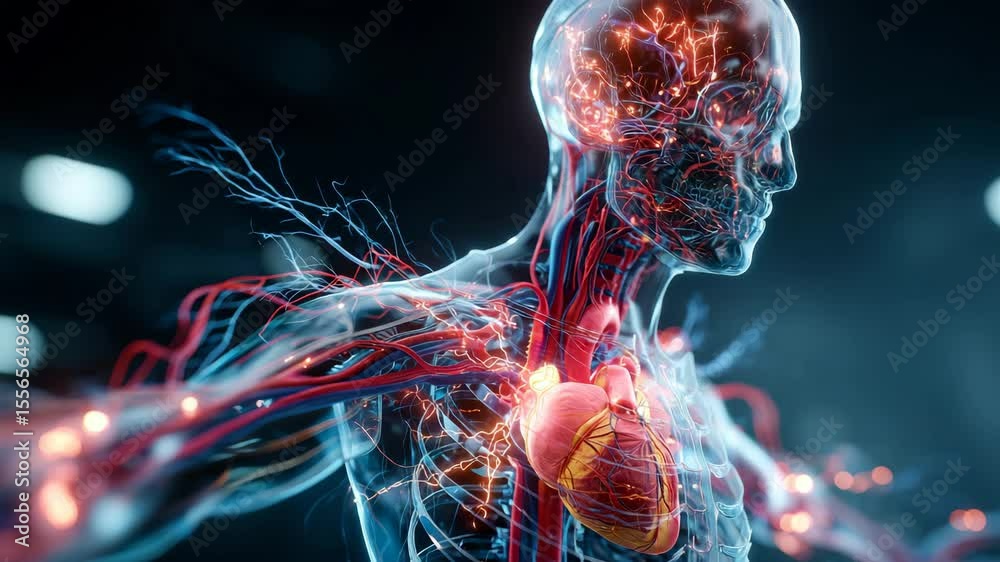 Human circulatory and nervous system with glowing nerves blood vessels detailed heart anatomy 3D medical illustration transparent body scientific visualization with realistic beating heart effect
