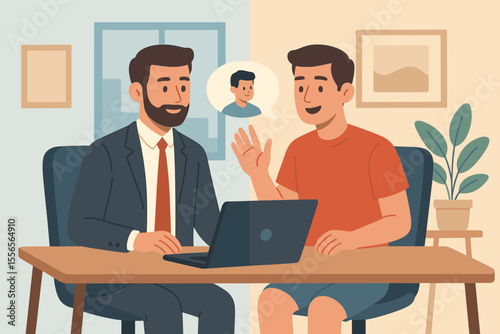 Hybrid work model concept showing a man's choice. Employee split between working from home in casual clothes and the corporate office in a formal suit. Remote work flexibility.