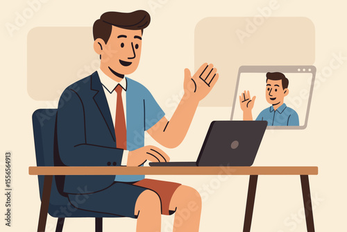 Hybrid work model concept. Businessman on a video call from home office wearing half formal suit and half casual shorts. Remote employee having an online meeting on a laptop.