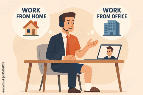 Hybrid work concept showing employee choice between remote work from home and the corporate office. Man on a video call wearing split attire: half formal suit, half casual homewear.