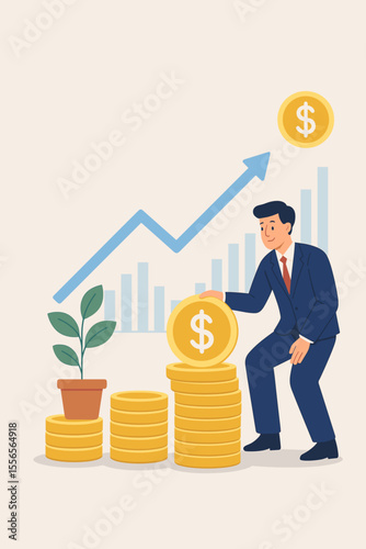 Businessman stacking gold coins, financial growth, investment strategy, stock market success, compound interest, wealth accumulation, savings increase, upward profit graph, economic prosperity concept
