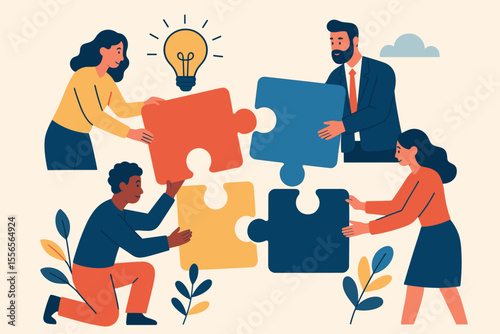 Business Teamwork Collaboration Concept. Diverse People Connecting Jigsaw Puzzle Pieces. Creative Idea Brainstorming, Problem Solving, Partnership, Cooperation, Innovation. Flat Vector Illustration