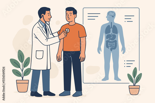 Comprehensive medical examination concept. Doctor using stethoscope to check patient health. Whole body checkup, healthcare consultation, diagnosis, internal organs anatomy, flat vector illustration
