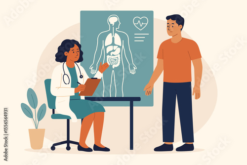 Doctor patient consultation medical checkup. Whole body health examination. Physician explaining diagnosis. Healthcare advice. Clinic visit. Human anatomy chart. Flat vector illustration.