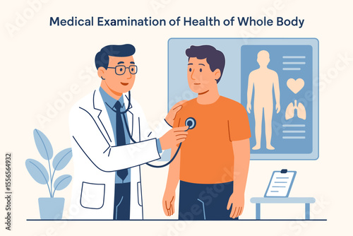 Medical Checkup Consultation with Doctor Using Stethoscope, Patient Health Assessment, Physical Examination, Preventive Healthcare, Clinic Visit, Modern Flat Cartoon Vector Illustration