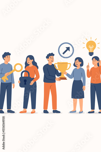 Business team collaboration and problem solving concept. People finding a key solution, celebrating success with a trophy, and brainstorming creative ideas with a light bulb. Teamwork and growth.