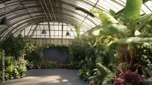 Tranquil Greenhouse Interior Ambiance with Lush Tropical Plants and Natural Lighting