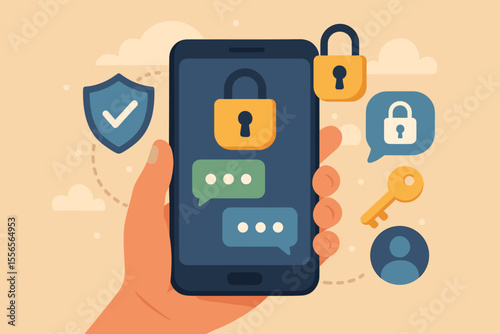 Secure communication and encrypted chat app. Mobile security concept. Cybersecurity and data protection. Hand holding smartphone. Privacy technology. Padlock, shield, key icons.