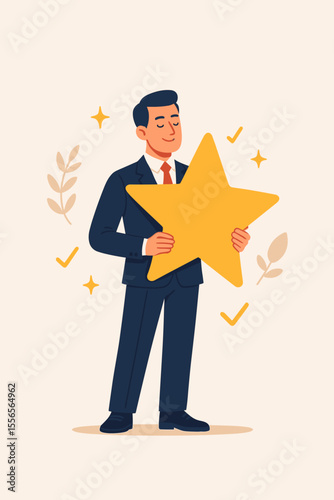 Success leader concept with a businessman holding a gold star for achievement and recognition. Positive evaluation, quality award, and customer feedback. Modern flat vector cartoon illustration.