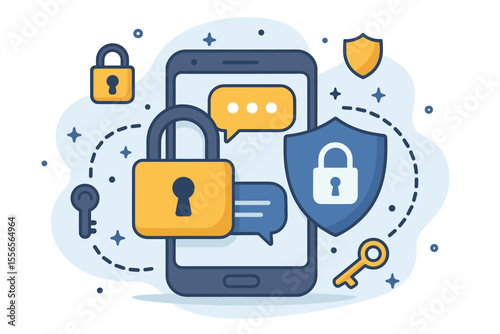 Secure communication with encrypted chat app on smartphone. Mobile security and data privacy concept. Cybersecurity vector illustration with phone, padlock, shield and key. Private data.