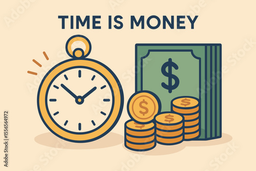 Time is money business and finance concept. Flat cartoon vector illustration with a pocket watch, dollar bills, and coin stacks. A metaphor for productivity, investment, profit, and wealth.