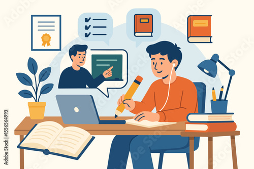 Modern flat vector illustration of distance learning, online education, remote courses, virtual classroom, exam preparation, home schooling, digital textbooks, e-learning, student study desk
