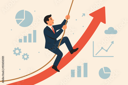 Businessman climbing a rope along a rising arrow chart. Metaphor for career growth, business success, and achieving goals. Corporate development, professional progress, and ambition vector.